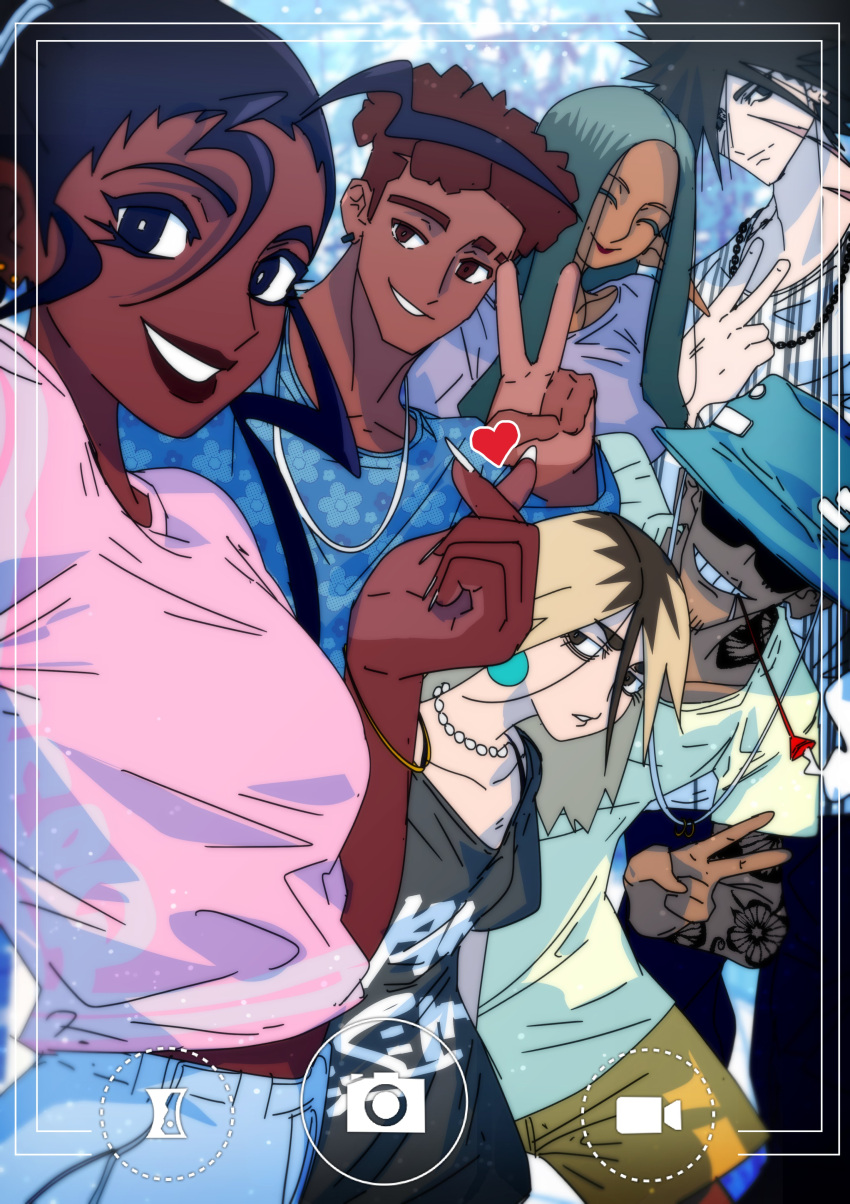 3boys, 3girls, ^_^, absurdres, antenna_hair, arm_tattoo, bead_necklace, beads
