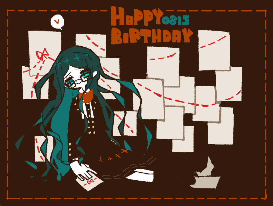 1girl, aru_choumiryou, black-framed_eyewear, black_corset, black_jacket, black_skirt, black_socks, blazer, blending, blue_eyes, blue_hair, boots, brown_background, brown_footwear, buttons, closed_mouth, collared_shirt, colored_inner_hair, commentary_request, corset, danganronpa_(series), danganronpa_v3:_killing_harmony, dated, dot_nose, dotted_line, english_text, flat_color, full_body, glasses, happy_birthday, heart, high-waist_skirt, holding, holding_paper, jacket, kneehighs, layered_sleeves, light_blush, long_hair, long_sleeves, medium_skirt, messy_hair, multicolored_hair, open_clothes, open_jacket, paper, pleated_skirt, shirogane_tsumugi, shirt, sidelocks, sitting, skirt, smile, socks, solo, spoken_heart, very_long_hair, wavy_hair, white_shirt