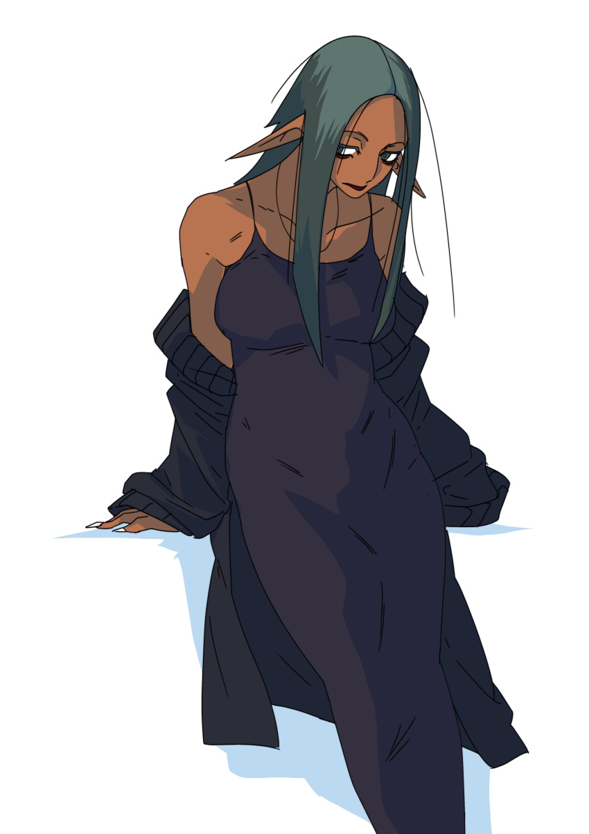 1girl, absurdres, bags_under_eyes, black_cardigan, black_dress, breasts, bright_pupils, cardigan
