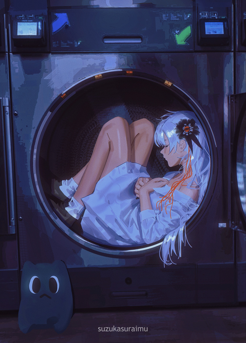 1girl, absurdres, bare_legs, dress, flower, from_side, full_body, hair_flower, hair_ornament, highres, in_washing_machine, isekaijoucho, kamitsubaki_studio, long_hair, long_sleeves, shoes, sleeping, socks, solo, suzukasuraimu, virtual_youtuber, white_dress, white_hair, white_socks