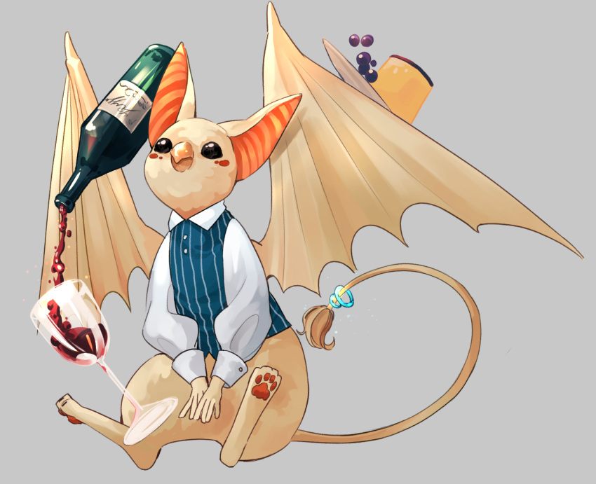 alcohol, animal_ears, animal_hands, bat_ears, bat_wings, beak, black_eyes, blush_stickers