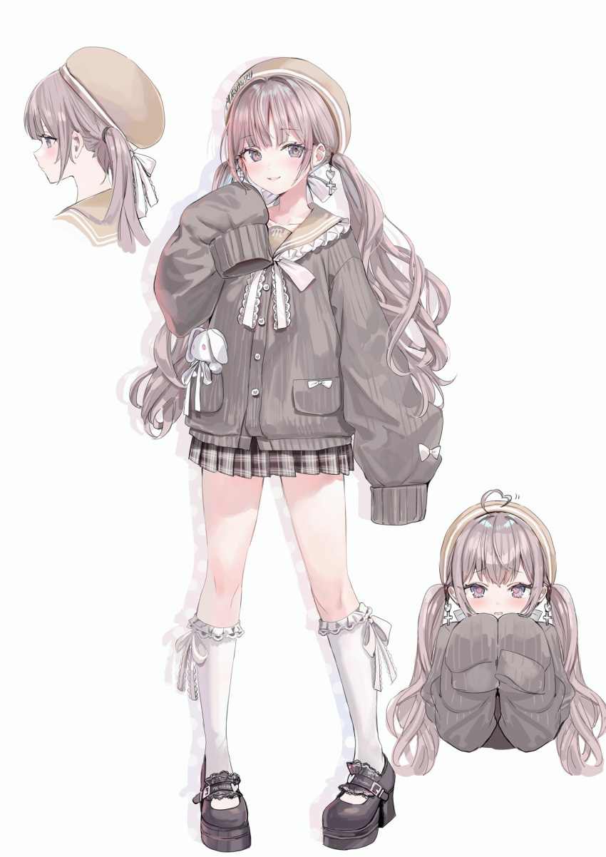 1girl, ahoge, black_footwear, brown_hat, buttons, collarbone, frilled_socks, frills