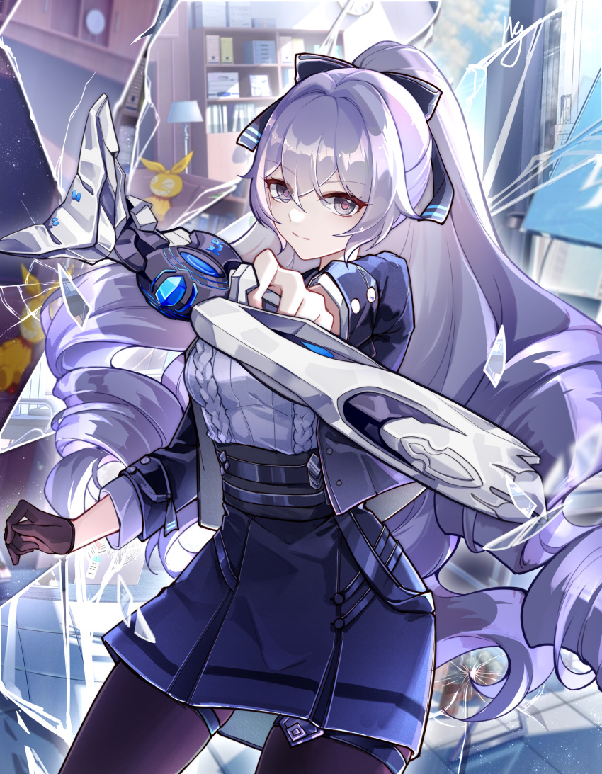 1girl, absurdres, black_bow, black_bowtie, black_gloves, black_pantyhose, blue_jacket, blue_skirt