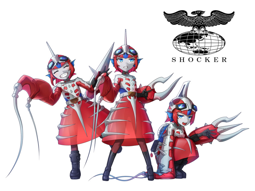 3girls, arm_mounted_weapon, belt, belt_buckle, black_footwear, black_gloves, blue_eyes, blue_hair, boots, buckle, child, colored_skin, commentary, cyborg, eidenjyou1997, english_commentary, fins, genderswap, genderswap_(mtf), gloves, goggles, goggles_on_head, grey_belt, grey_skin, head_fins, highres, kaijin, kamen_rider, kamen_rider_(1st_series), logo, monster_girl, multicolored_hair, multiple_girls, open_mouth, redhead, sea_dragon_i, sea_dragon_ii, sea_dragon_iii, seahorse_girl, see-through, see-through_skirt, shocker_(kamen_rider), simple_background, skirt, smile, teeth, upper_teeth_only, white_background