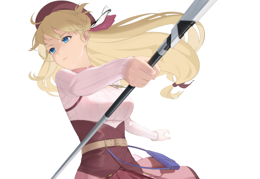 1girl, agnes_claudel, belt, beret, blonde_hair, blue_eyes, breasts, commentary_request