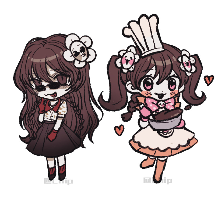 1girl, :3, apron, black_footwear, black_skirt, blush_stickers, bow, bowtie
