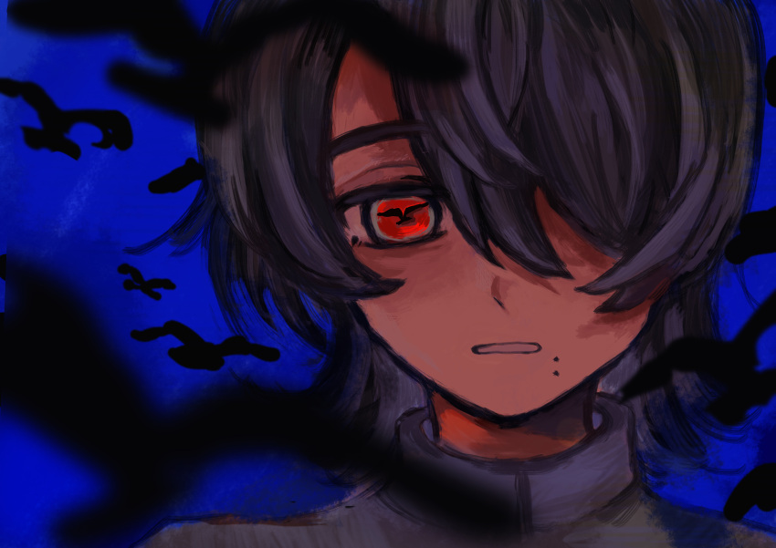 1boy, absurdres, black_hair, black_shirt, blue_background, chinese_commentary, commentary_request, echooche