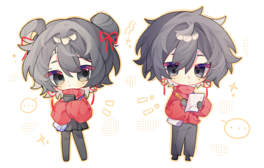 ..., 1boy, 1girl, bag, black_eyes, black_footwear, black_hair, black_pants, black_pantyhose, black_skirt, chibi, chibi_only, chinese_commentary, closed_mouth, commentary_request, dual_persona, earrings, expressionless, hair_between_eyes, hair_bun, hair_ribbon, high_collar, holding, holding_paper, holding_pencil, jacket, jewelry, li_yuting_(female), li_yuting_(male), long_sleeves, luojia671, medium_hair, messenger_bag, miniskirt, mole, mole_under_each_eye, mole_under_eye, multiple_moles, pants, pantyhose, paper, pencil, pleated_skirt, red_jacket, red_ribbon, ribbon, short_hair, shoulder_bag, simple_background, single_hair_bun, single_hair_ring, skirt, sleeves_past_fingers, sleeves_past_wrists, sparkle, spoken_ellipsis, touqi_guaitan, white_background, white_bag