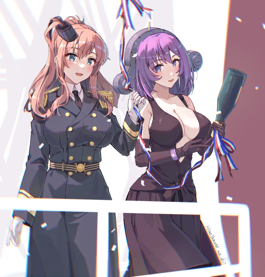 2girls, alternate_costume, black_coat, black_dress, black_gloves, blue_eyes, bottle, breasts