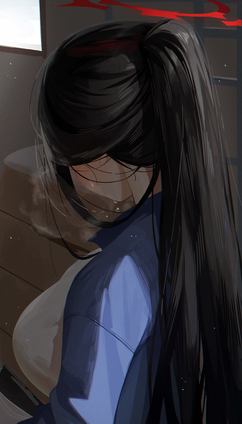 1girl, absurdres, black_hair, blue_archive, blue_jacket, blush, breasts, breath