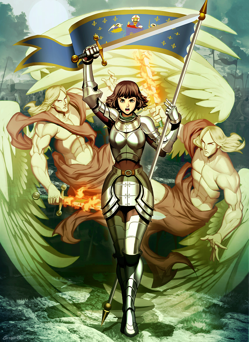 1girl, 2boys, afk_arena, angel, breasts, full_body, genzoman, joan_of_arc