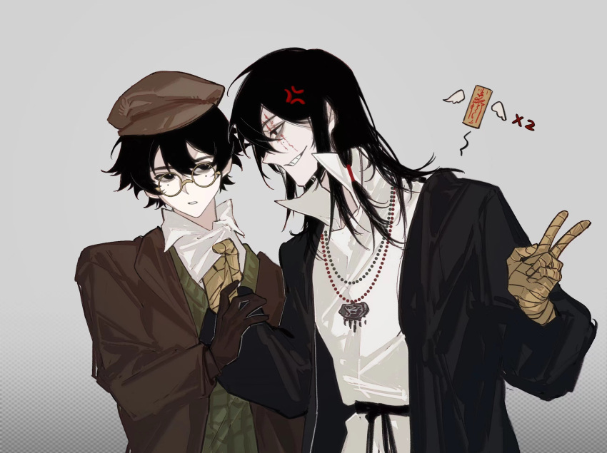 2boys, anger_vein, bandaged_arm, bandaged_hand, bandages, black_eyes, black_hair, brown_hat