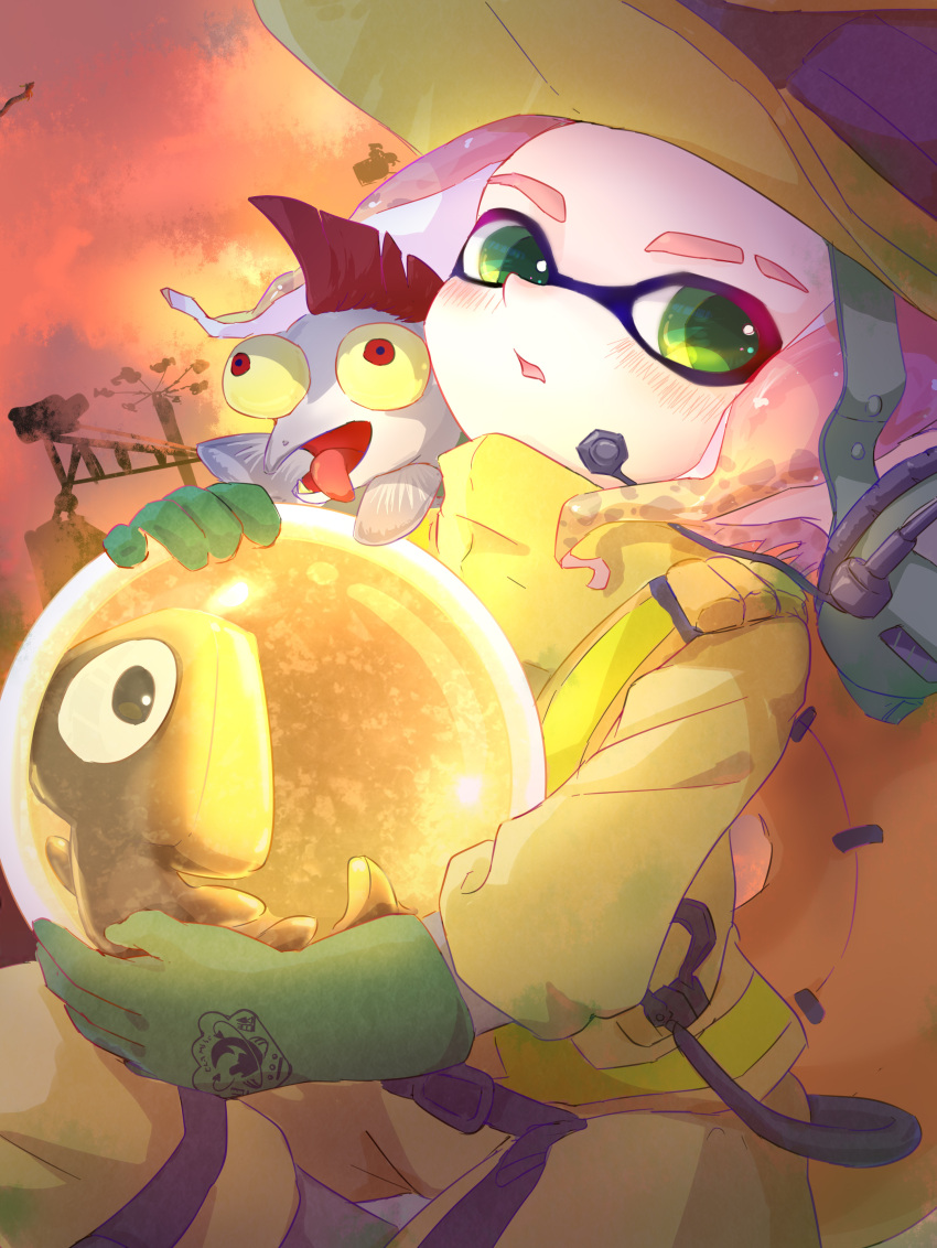 1girl, absurdres, commentary_request, eyebrow_cut, fish_stick_(splatoon), gloves, golden_egg_(splatoon), green_eyes