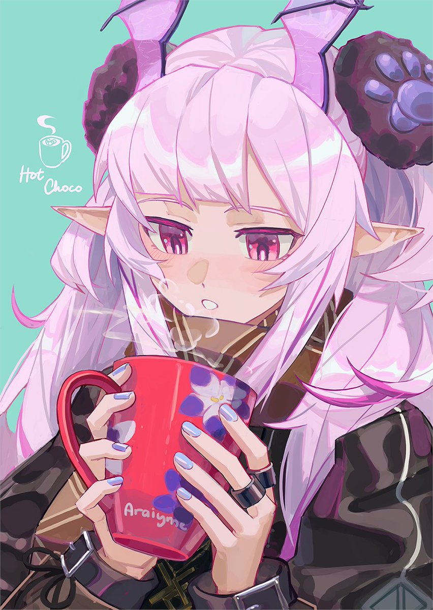 1girl, alternate_costume, araiyme, arknights, artist_name, black_jacket, blowing_on_food, blue_nails