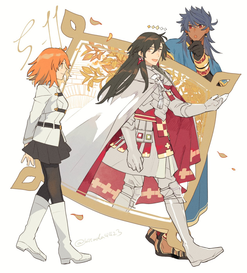 1girl, 2boys, :d, :o, ahoge, arm_at_side, armor, arms_behind_back