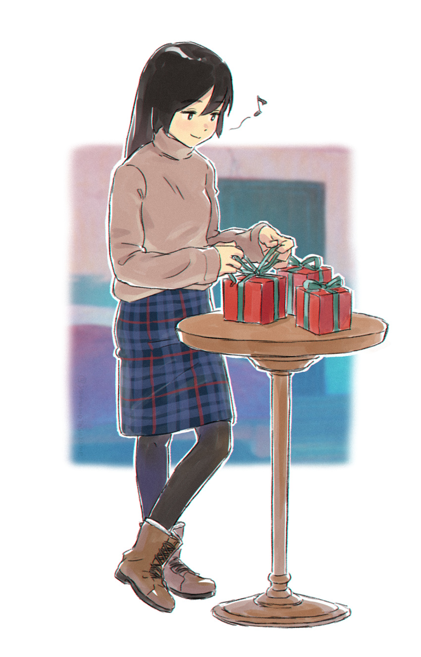 1girl, black_eyes, black_hair, black_pantyhose, brown_footwear, closed_mouth, crossed_ankles, full_body