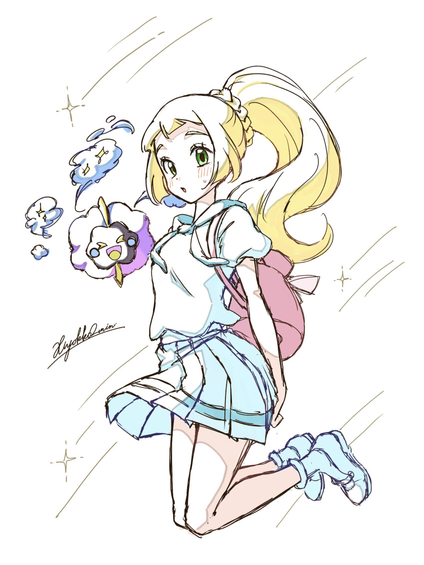 1girl, :o, absurdres, backpack, bag, blonde_hair, blush, cosmos_(flower)