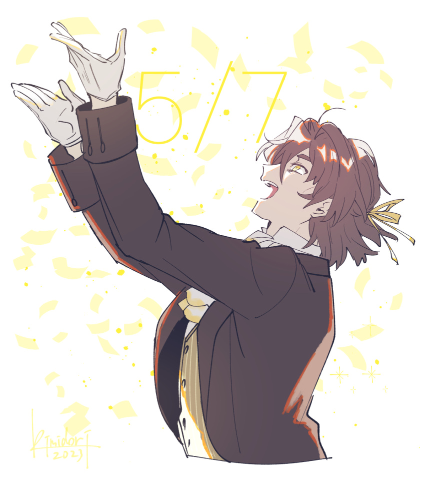 1boy, antonio_salieri_(fate), antonio_salieri_(human)_(fate), arms_up, ascot, black_jacket, brown_hair, brown_vest
