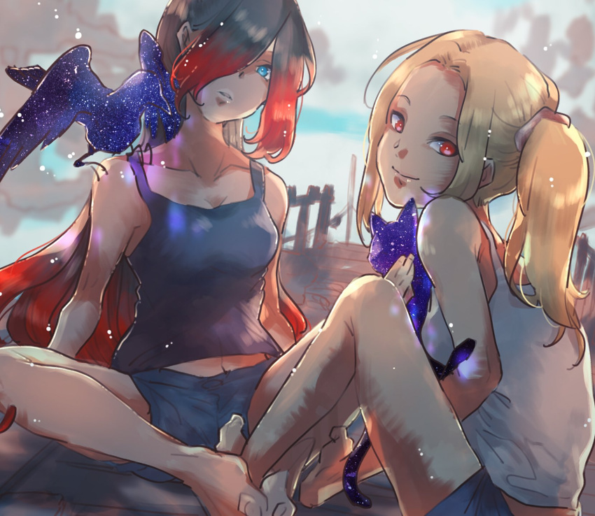 2girls, alternate_costume, alternate_hairstyle, animal_hug, animal_on_shoulder, bare_shoulders, bird, bird_on_shoulder, black_hair, black_shirt, blonde_hair, blue_eyes, butterfly_sitting, cat, crow, crow_(gravity_daze), denim, denim_shorts, dusty_(gravity_daze), gradient_hair, gravity_daze, gravity_daze_2, hair_over_one_eye, highres, kitten_(gravity_daze), long_hair, looking_at_viewer, multicolored_hair, multiple_girls, no31990, official_alternate_costume, official_alternate_hairstyle, parted_lips, ponytail, red_eyes, redhead, shirt, shorts, sitting, sleeveless, smile, two-tone_hair, very_long_hair, white_shirt, xii_(gravity_daze)