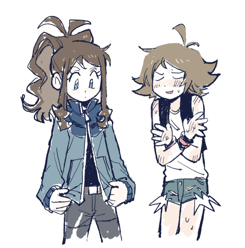 1boy, 1girl, 79x_(ox79xo), ahoge, antenna_hair, black_undershirt, black_vest, black_wristband