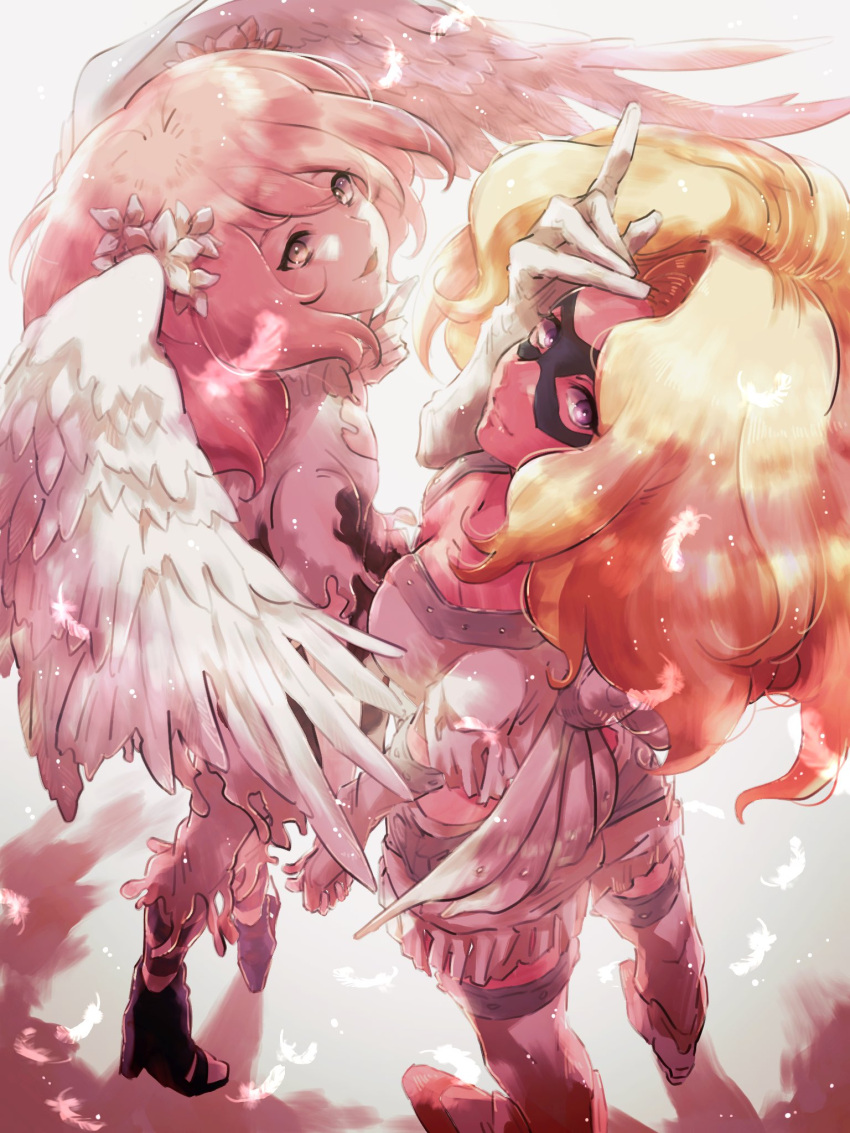 2girls, :d, angel_wings, black_mask, blonde_hair, brown_eyes, durga_angel, elbow_gloves
