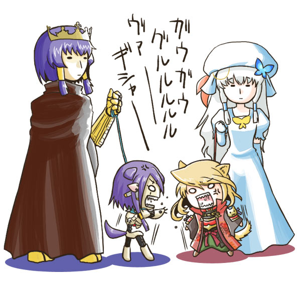 android_(sekaiju), chibi, gutrune, kujura_(sekaiju), leash, multiple_girls, olympia, sekaiju_no_meikyuu