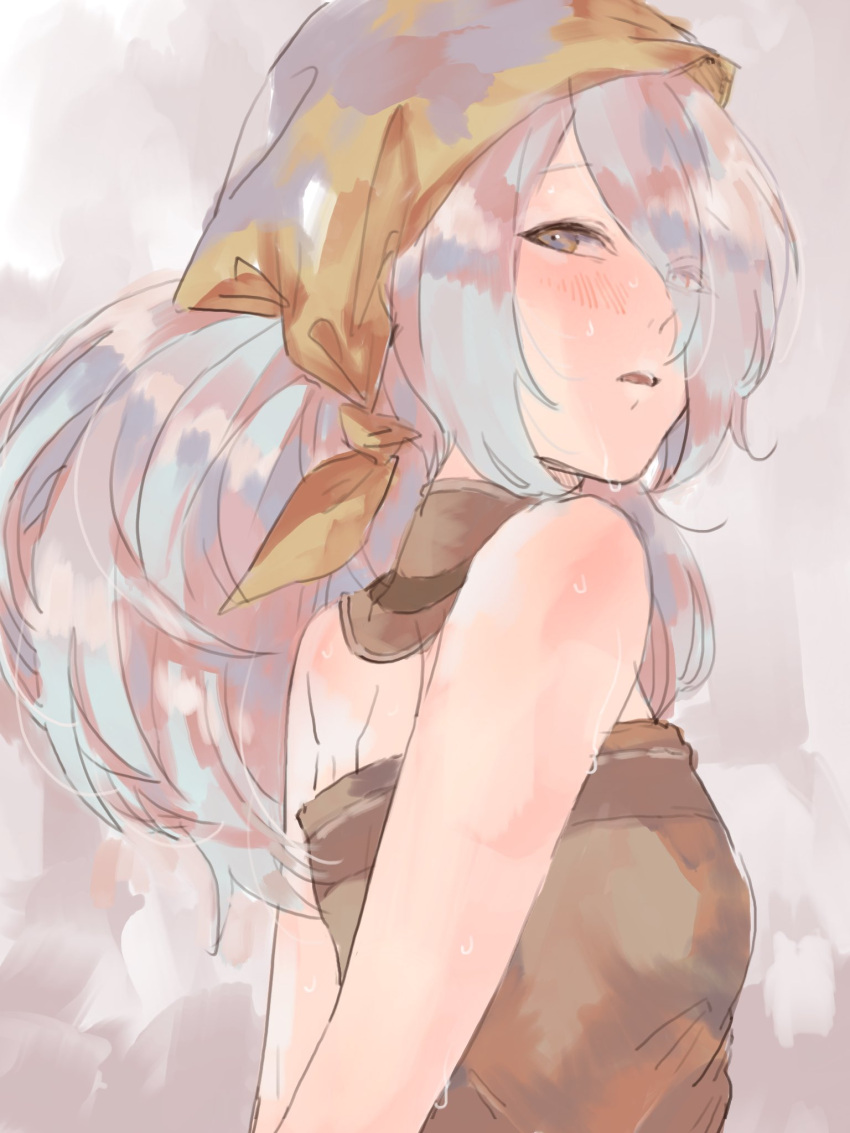1girl, bandana, bare_shoulders, blush, breasts, cecie_(gravity_daze), eyes_visible_through_hair, from_side