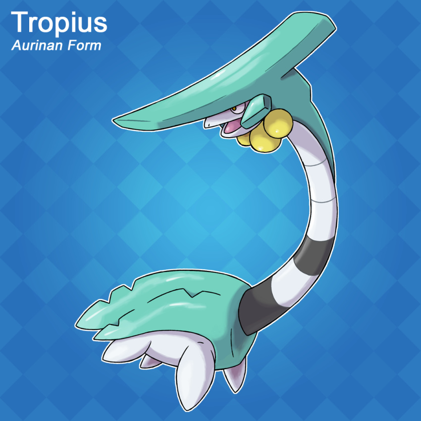 alternate_form, argyle_background, blue_background, character_name, english_text, fakemon, full_body, jacket, looking_to_the_side, marix20, no_humans, open_clothes, open_jacket, pokemon, solo, tropius