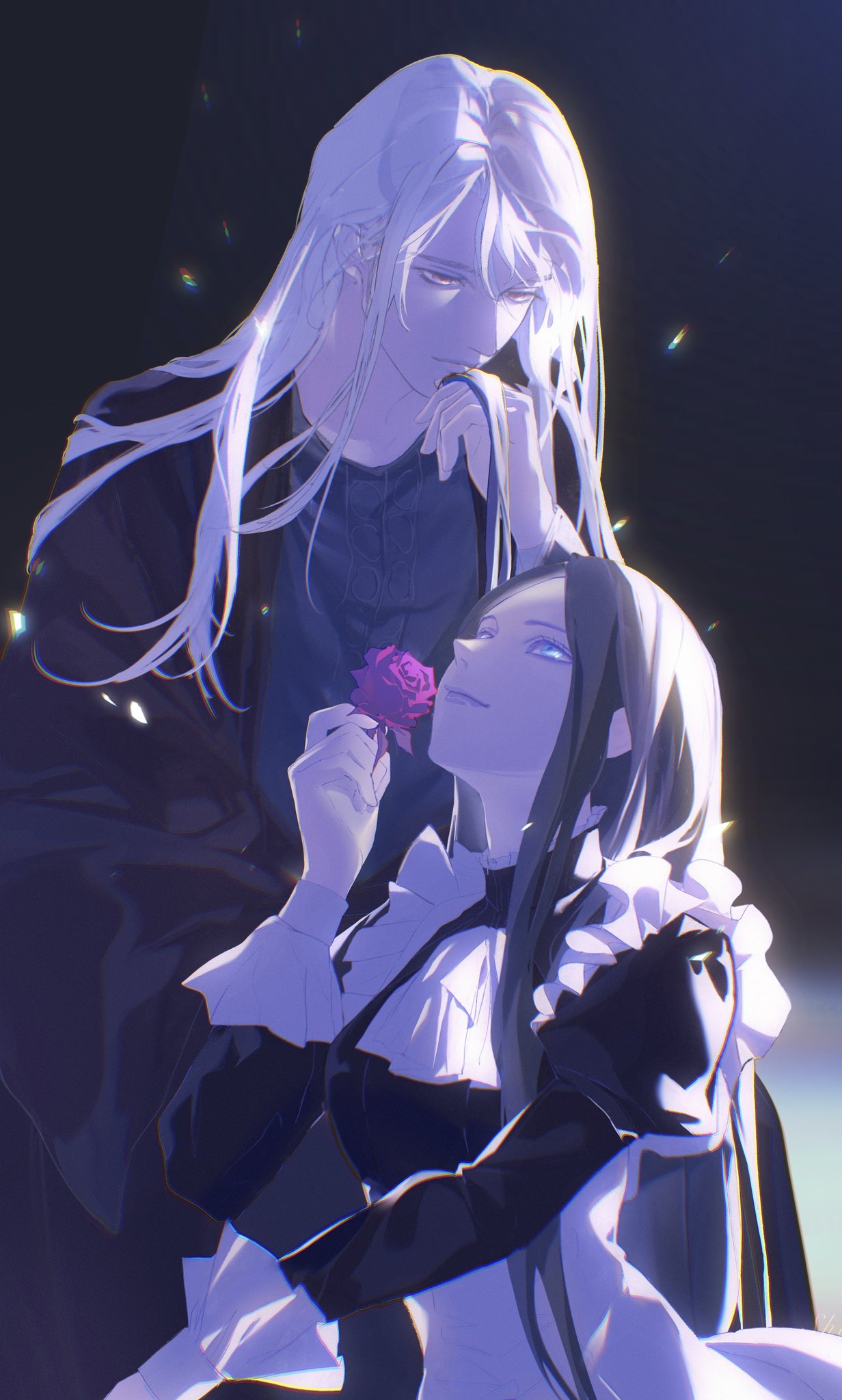 1boy, 1girl, albino, apron, black_hair, blue_eyes, fata_morgana_no_yakata, flower