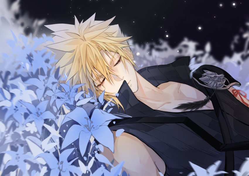 1boy, arm_ribbon, armor, black_feathers, blonde_hair, closed_eyes, cloud_strife, earrings, eyelashes, feathers, field, final_fantasy, final_fantasy_vii, final_fantasy_vii_advent_children, flower, flower_field, high_collar, highres, jewelry, lying, male_focus, mikatsukikuroba, on_back, open_collar, pauldrons, popped_collar, ribbon, shirt, short_hair, shoulder_armor, single_earring, single_pauldron, single_shoulder_pad, spiky_hair