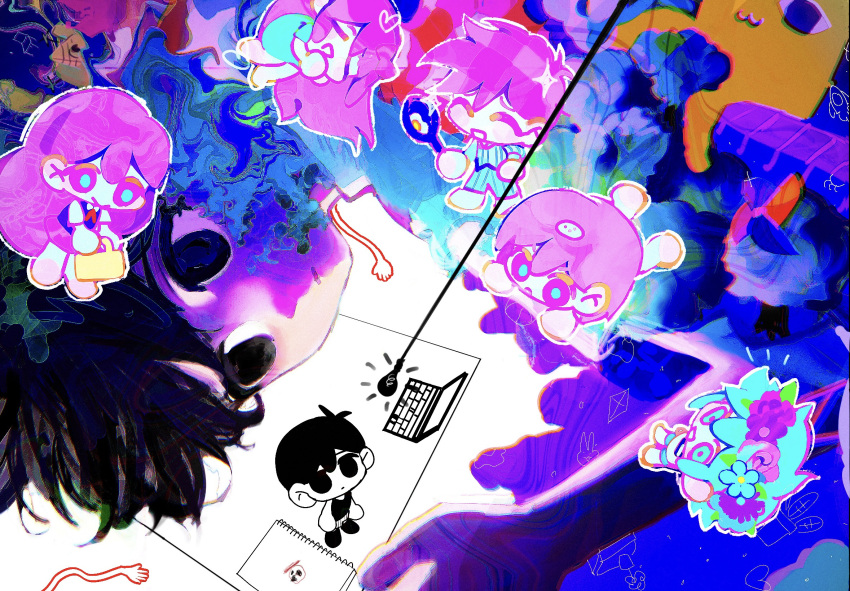 2girls, 4boys, aqua_eyes, aqua_flower, aqua_hair, aqua_pajamas, aqua_pupils, aqua_shirt, aubrey_(headspace)_(omori), aubrey_(omori), barefoot, basil_(headspace)_(omori), basil_(omori), big_yellow_cat_(omori), black_hair, bright_pupils, brother_and_sister, brothers, chibi, closed_eyes, closed_mouth, colored_skin, commentary_request, computer, double-parted_bangs, dual_persona, egg_(food), empty_eyes, flower, flower_wreath, food, fried_egg, from_above, frying_pan, full_body, hair_behind_ear, hair_between_eyes, head_wreath, heart, hector_(omori), hero_(headspace)_(omori), hero_(omori), highres, holding, holding_frying_pan, kel_(headspace)_(omori), kel_(omori), laptop, light_bulb, looking_at_another, looking_at_viewer, mari_(headspace)_(omori), mari_(omori), mimiiri, miniskirt, multiple_boys, multiple_girls, no_pupils, notice_lines, omori, omori_(omori), open_mouth, outline, pink_eyes, pink_flower, pink_hair, pink_rose, pink_skirt, pinwheel, purple_flower, purple_sweater_vest, rock, rose, shirt, short_hair, short_sleeves, siblings, sketchbook, skirt, smile, sparkle, sunny_(omori), sweater_vest, vertical-striped_pajamas, white_outline, white_shirt, white_skin