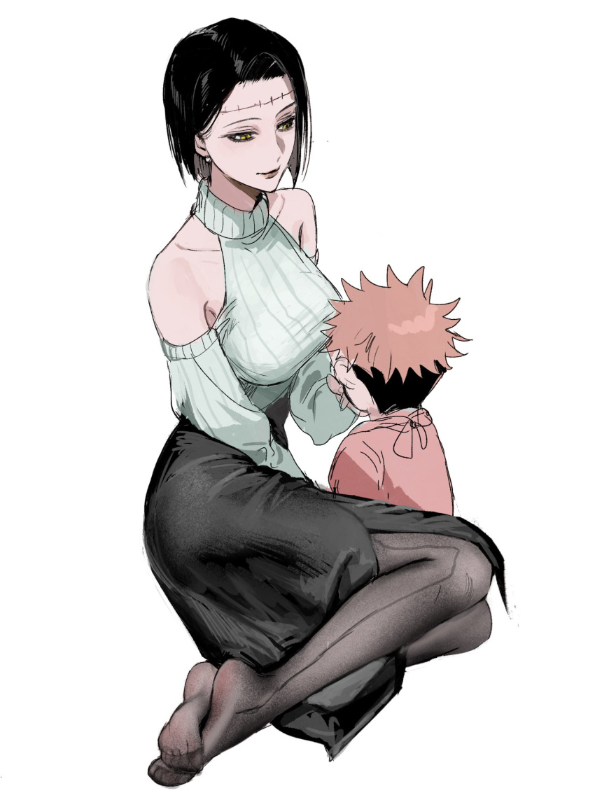 1boy, 1girl, aged_down, back, barefoot, black_hair, black_skirt, breasts, child, clothing_cutout, earrings, fallsoki, highres, itadori_kaori, itadori_yuuji, jewelry, jujutsu_kaisen, kenjaku, large_breasts, long_sleeves, looking_at_another, looking_down, medium_skirt, mother_and_son, multicolored_hair, on_floor, pantyhose, pink_hair, ribbed_sweater, scar, scar_on_face, scar_on_forehead, short_hair, shoulder_cutout, side_slit, skirt, smile, sphere_earrings, spiky_hair, sweater, turtleneck, turtleneck_sweater, undercut, white_sweater, yellow_eyes