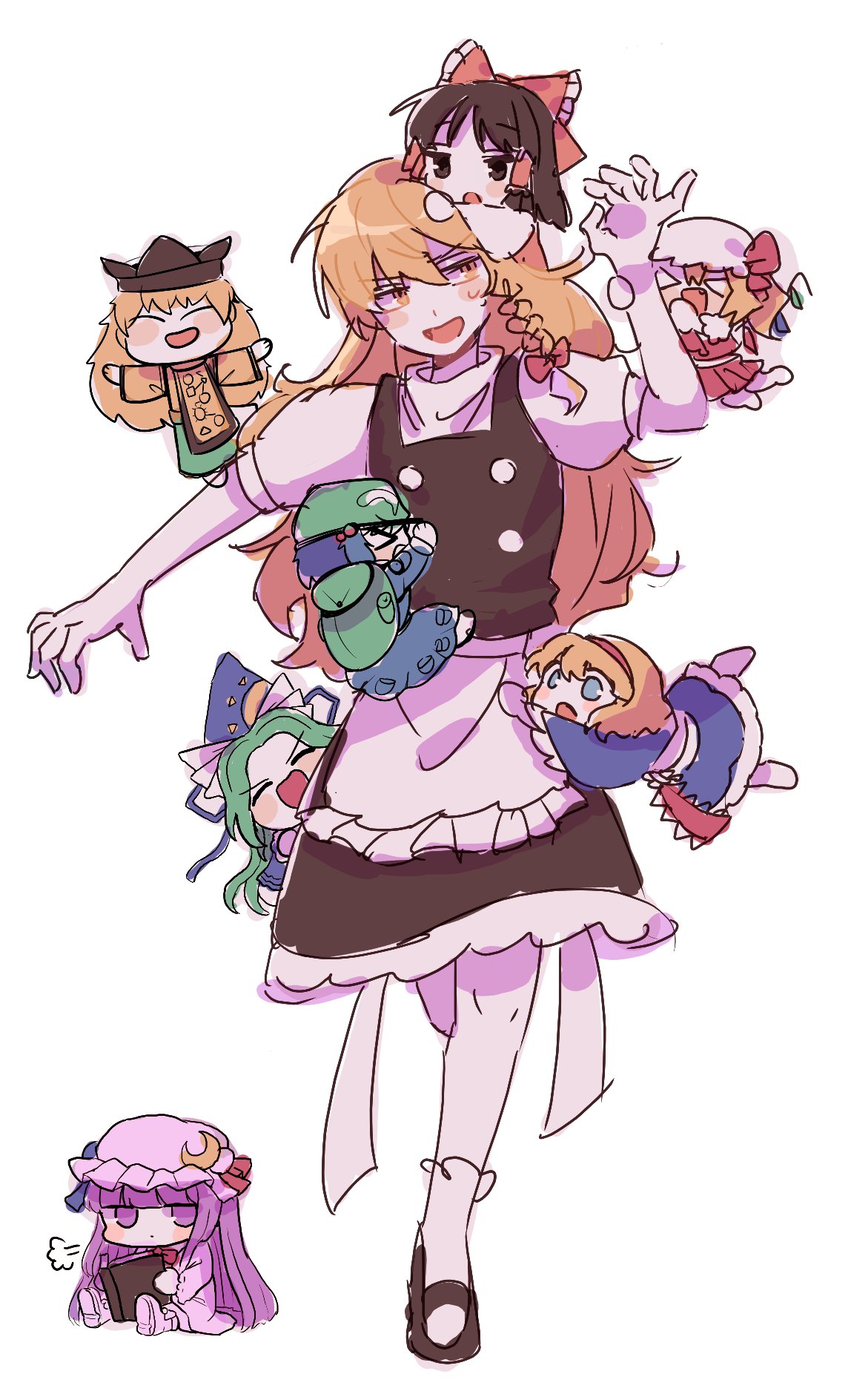 >_<, 6+boys, aged_down, alice_margatroid, apron, backpack, bag, black_vest