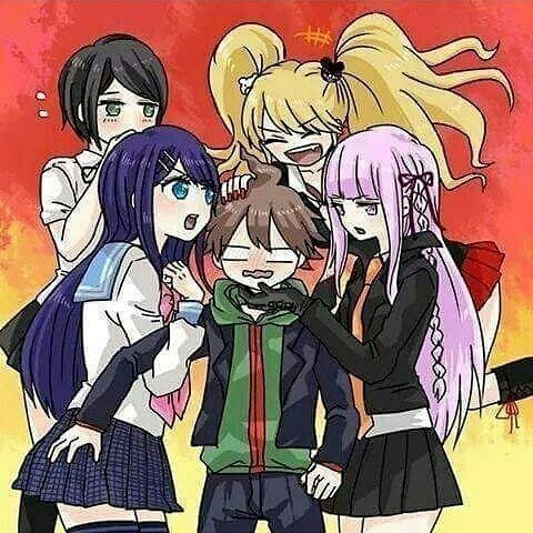 1boy, 4girls, black_hair, blonde_hair, brown_hair, danganronpa_(series), danganronpa_1, dark_blue_hair, enoshima_junko, harem, ikusaba_mukuro, kirigiri_kyouko, maizono_sayaka, naegi_makoto