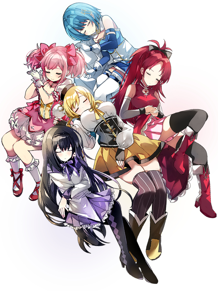 5girls, akemi_homura, akemi_homura_(magical_girl), argyle_clothes, argyle_legwear, armor, beret, black_bow