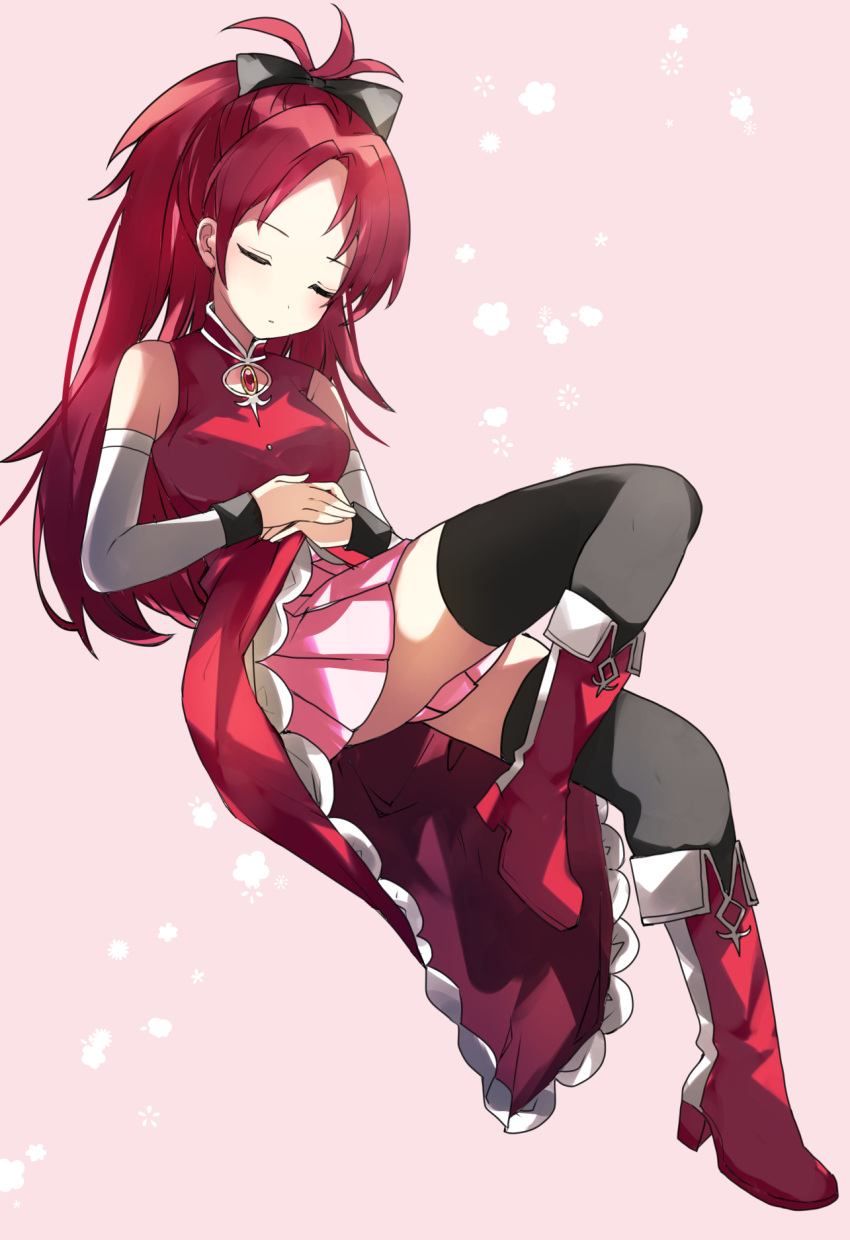 1girl, bare_shoulders, black_bow, black_thighhighs, boots, bow, closed_eyes, detached_sleeves