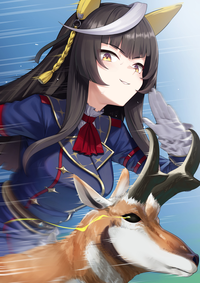 1girl, absurdres, animal_ears, black_hair, breasts, calstone_light_o_(umamusume), commentary, emphasis_lines