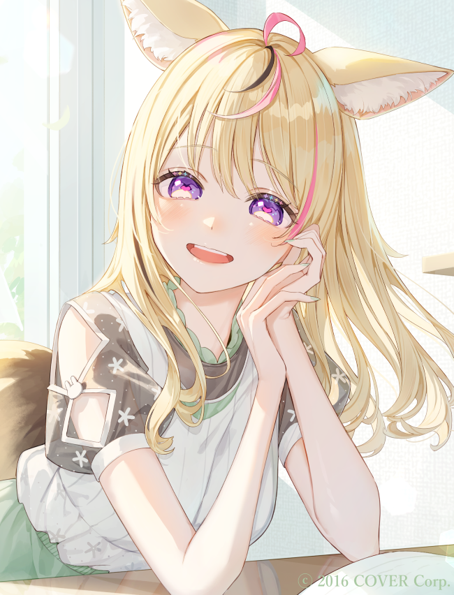 1girl, ahoge, animal_ear_fluff, animal_ears, black_hair, blouse, clothing_cutout, copyright_request