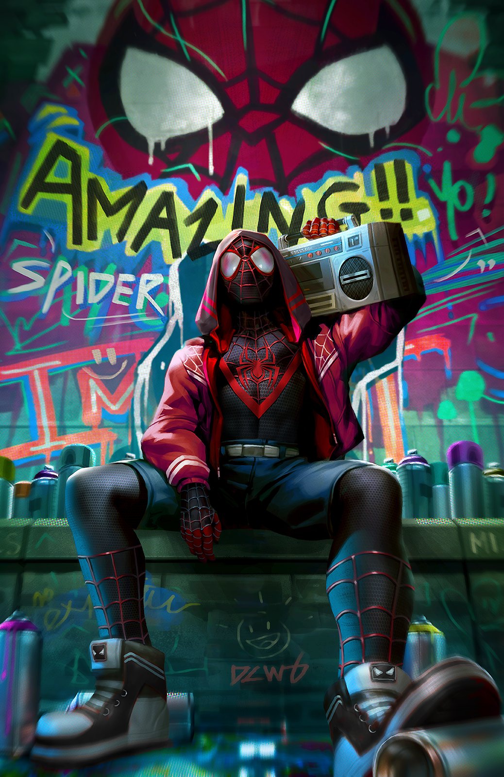 1boy, black_bodysuit, black_hoodie, blue_shorts, bodysuit, boombox, dcwj, graffiti