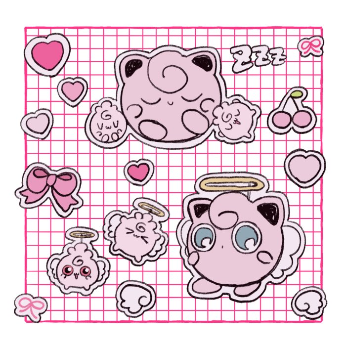 amekure_ofuton, blue_eyes, bow, cherry, closed_eyes, closed_mouth, colored_skin, commentary_request, creature, creature_focus, evolutionary_line, food, fruit, halo, heart, igglybuff, jigglypuff, no_humans, open_mouth, pink_skin, pokemon, pokemon_(creature), red_eyes, smile, wings, zzz