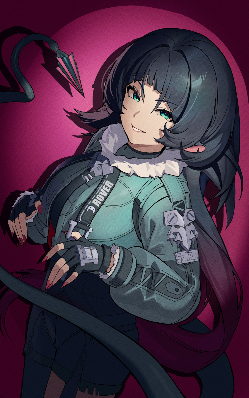 1girl, absurdres, ashamutoki, black_gloves, black_shorts, blunt_bangs, cowboy_shot, fingernails