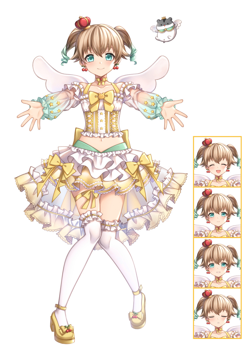 1other, ^_^, absurdres, anklet, annno_ans, bare_shoulders, bow, bow_choker, bow_skirt, bowtie, brown_hair, cherry_earrings, choker, clenched_teeth, closed_eyes, closed_mouth, colored_tips, corset, crown, crying, crying_with_eyes_open, detached_sleeves, earrings, expressions, food-themed_earrings, frilled_shirt, frilled_skirt, frilled_sleeves, frilled_thighhighs, frills, full_body, green_eyes, green_hair, hamster, hat, high_heels, highres, jewelry, knees_together_feet_apart, long_sleeves, looking_at_viewer, matane_tano, midriff, mini_crown, miniskirt, multicolored_hair, navel, official_art, open_mouth, outstretched_arms, outstretched_hand, reaching, reaching_towards_viewer, red_hat, see-through, see-through_sleeves, shirt, short_hair, skirt, sleeveless, sleeveless_shirt, smile, solo, sparkling_eyes, streaming_tears, tachi-e, tears, teeth, thigh-highs, thigh_bow, toki_production, transparent_background, twintails, v-shaped_eyebrows, white_corset, white_shirt, white_skirt, white_thighhighs, white_wings, wings, yellow_bow, yellow_bowtie, yellow_choker, yellow_footwear, zettai_ryouiki