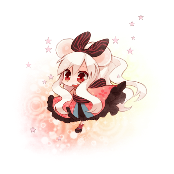 blonde_hair, bow, brown_eyes, chibi, emdo_(norabbit), hair_bow, japanese_clothes, kimono, long_hair, nezubi, open_mouth, original, smile, solo, star, yukata