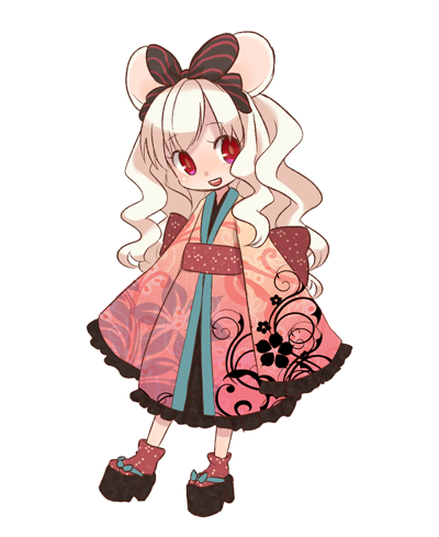 animal_ears, bangs, blonde_hair, emdo_(norabbit), frills, geta, japanese_clothes, kimono, long_hair, lowres, nezubi, obi, original, red_eyes, sleeves_past_wrists, socks, yukata