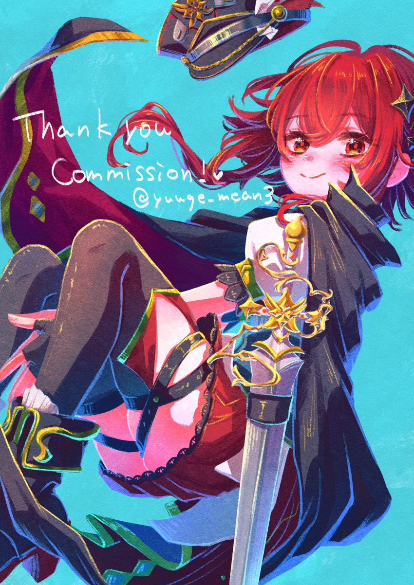 black_cape, black_footwear, black_hat, blue_background, cape, commission, fingerless_gloves, gloves