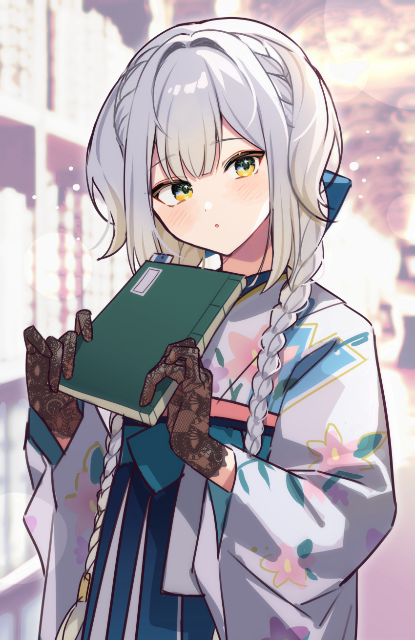 1girl, :o, absurdres, black_gloves, blonde_hair, blue_skirt, blurry, blush