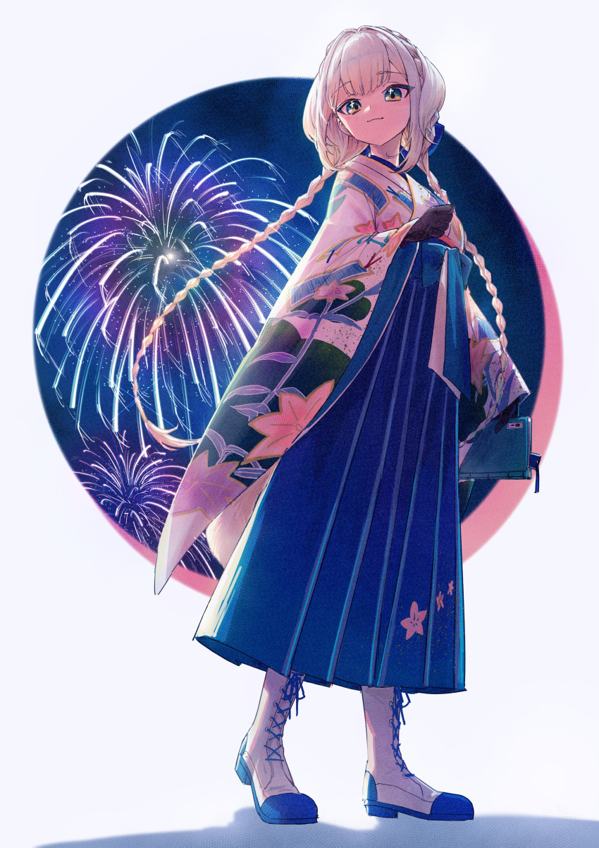 1girl, absurdres, aerial_fireworks, arm_at_side, armillarphere_v, bag, black_gloves, blonde_hair
