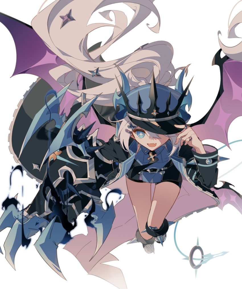 1girl, absurdres, black_coat, black_footwear, blue_hat, blue_jacket, boots, claws