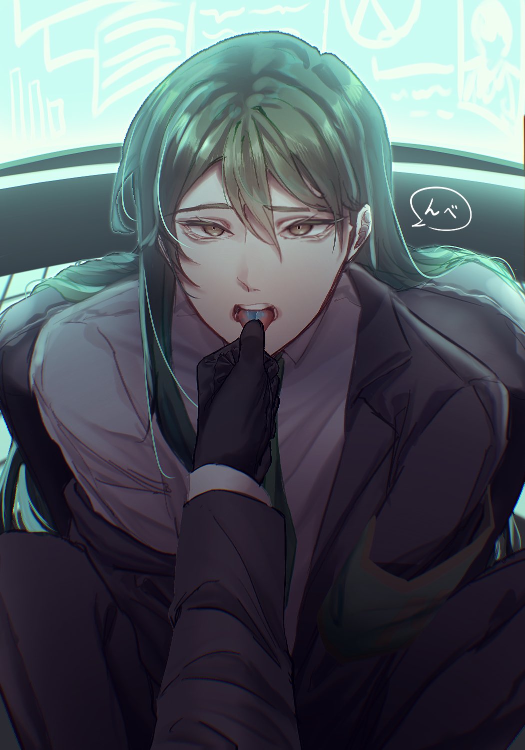 1boy, black_gloves, black_jacket, collared_shirt, gloves, green_hair, highres, holding_another's_tongue