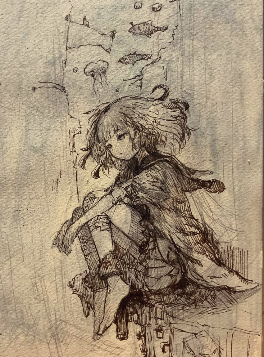 1girl, ballpoint_pen_(medium), barefoot, closed_mouth, commentary, cuffs, english_commentary, expressionless